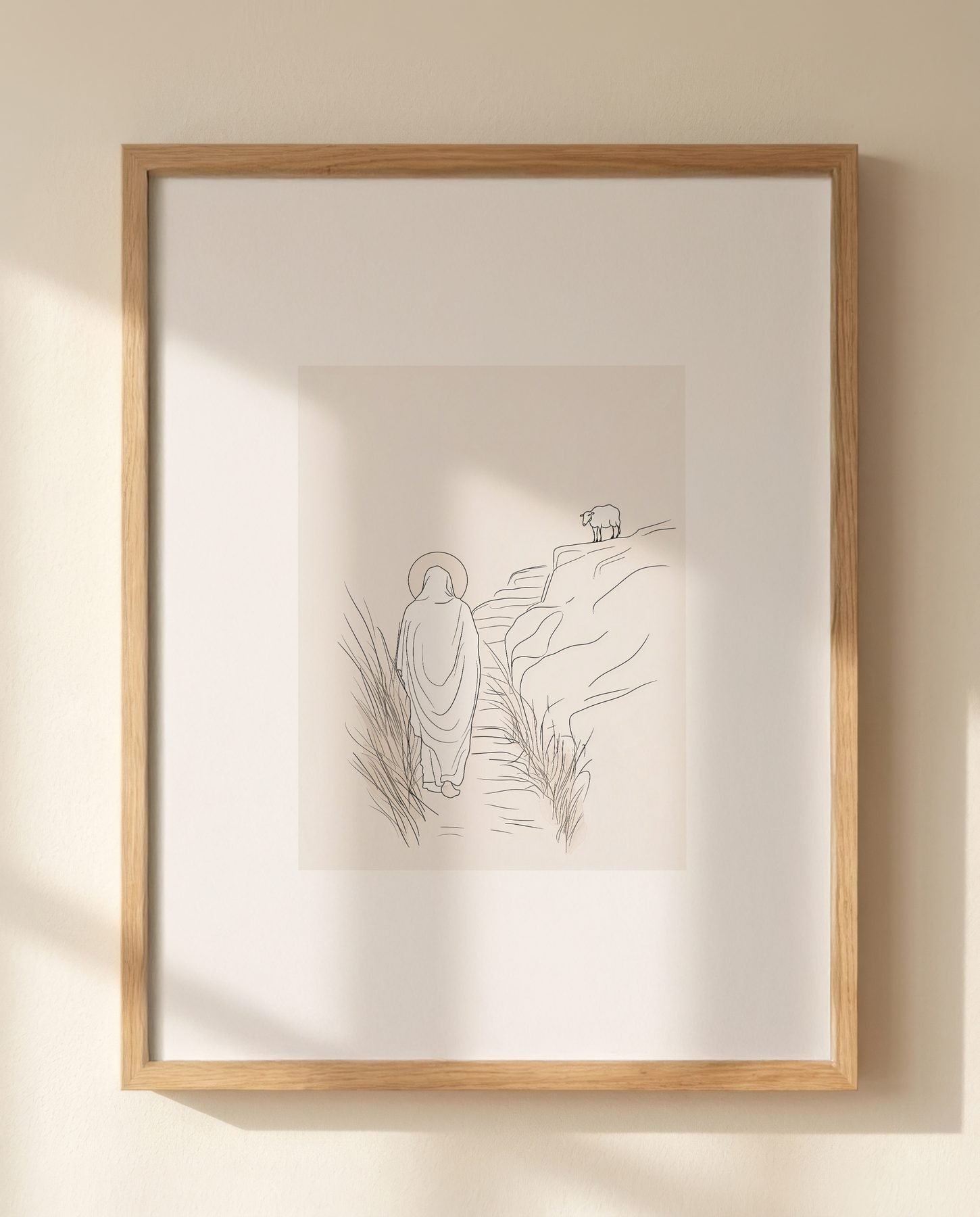 Jesus the Good Shepherd in Line Art — Close-up wall mockup