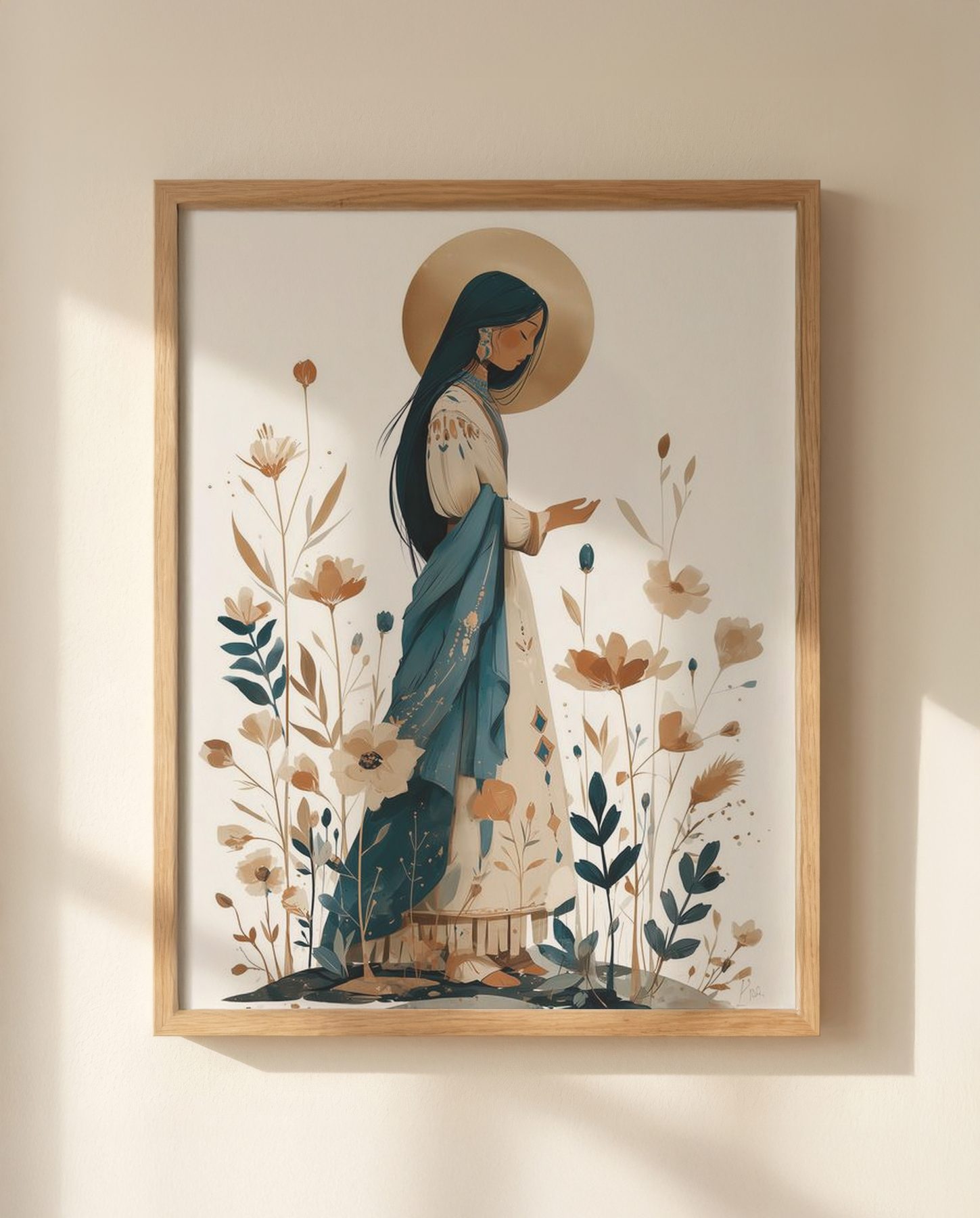 Saint Kateri print styled with warm neutrals
