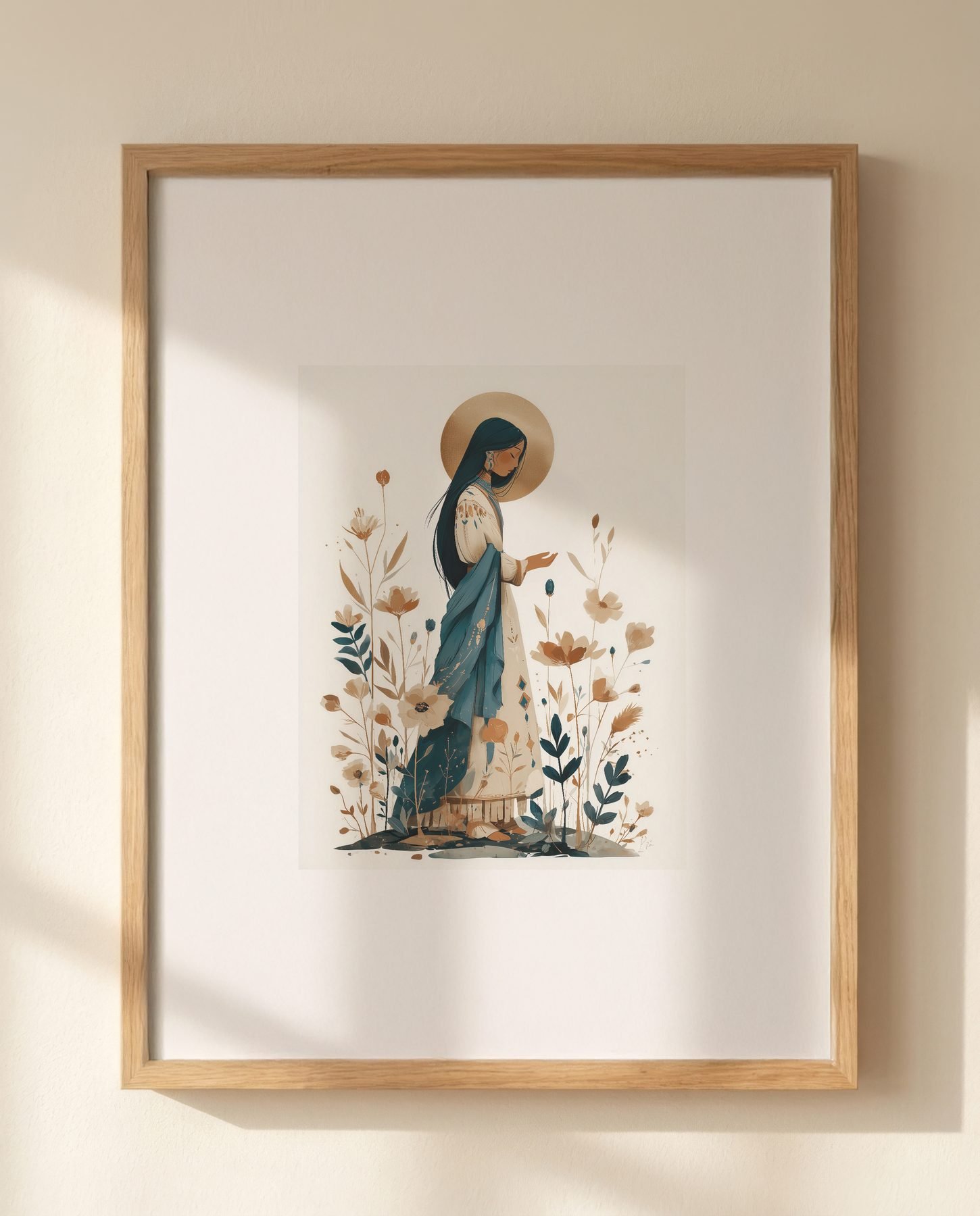 Saint Kateri print styled with warm neutrals