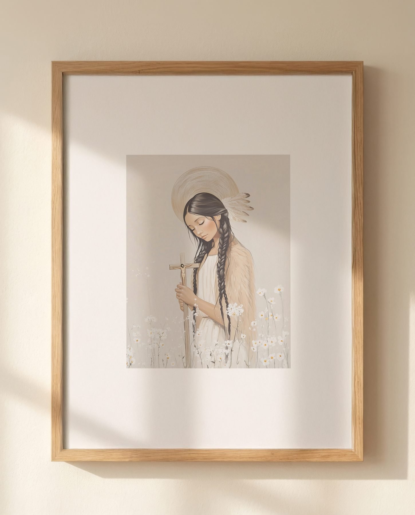 Saint Kateri Tekakwitha with Cross — Close-up wall mockup