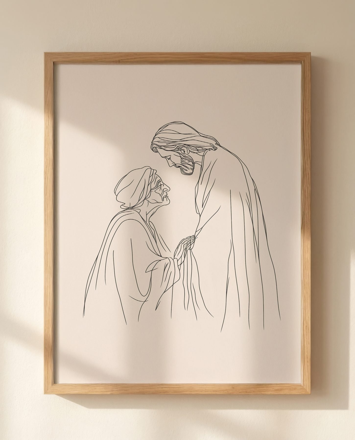 Jesus Comforting an Older Loved One — Close-up wall mockup