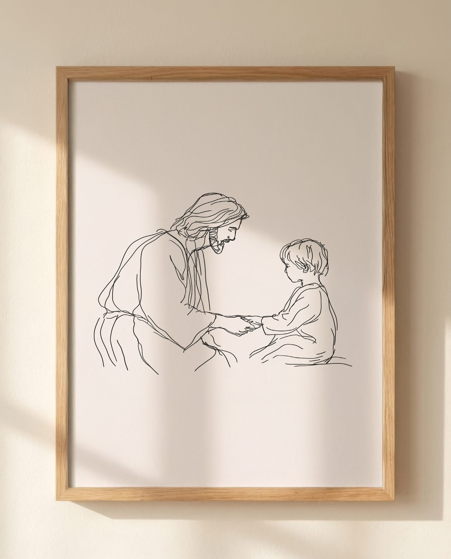 Jesus and a Child in Line Art — Close-up wall mockup