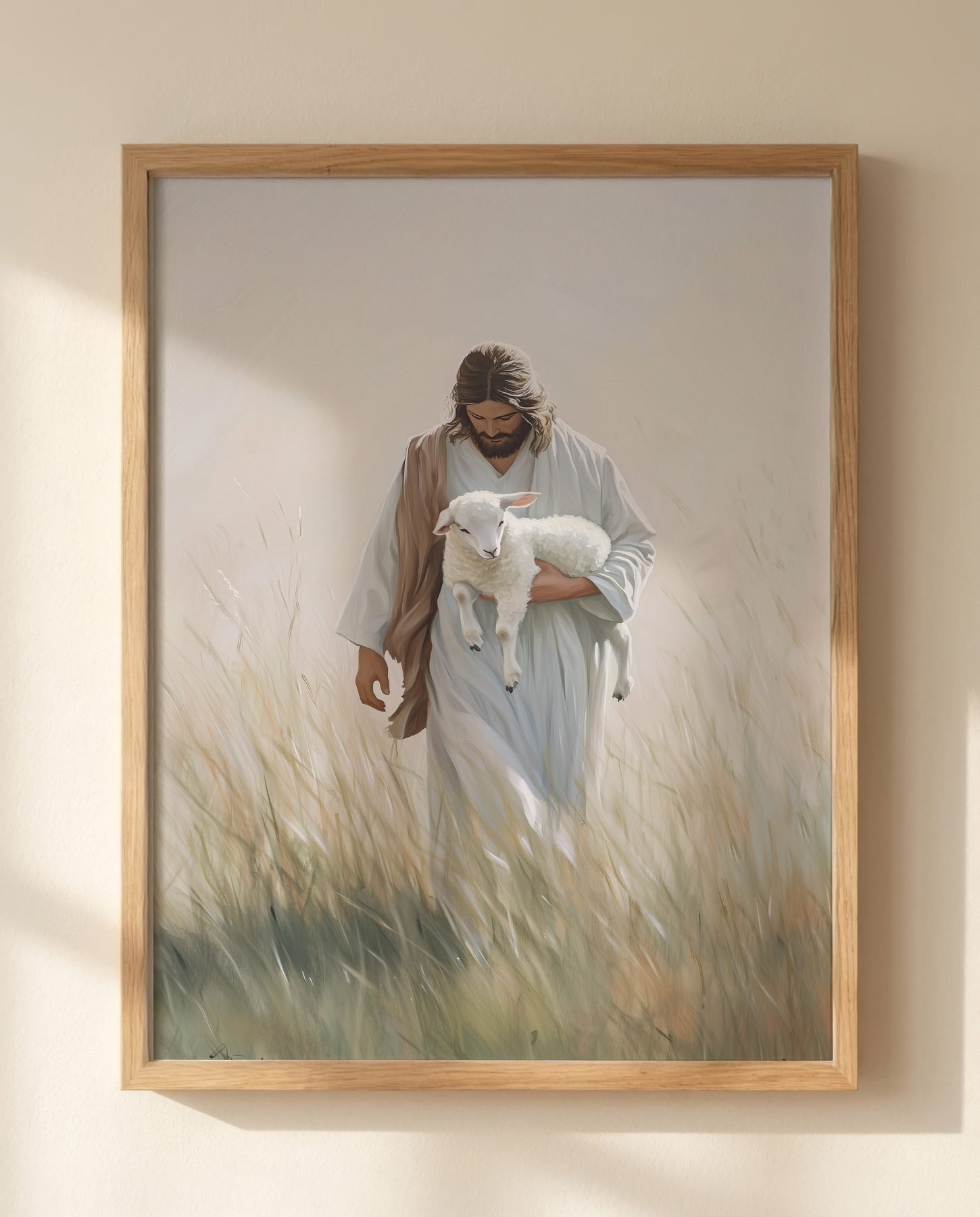 Jesus the Good Shepherd Carrying a Lamb — Close-up wall mockup