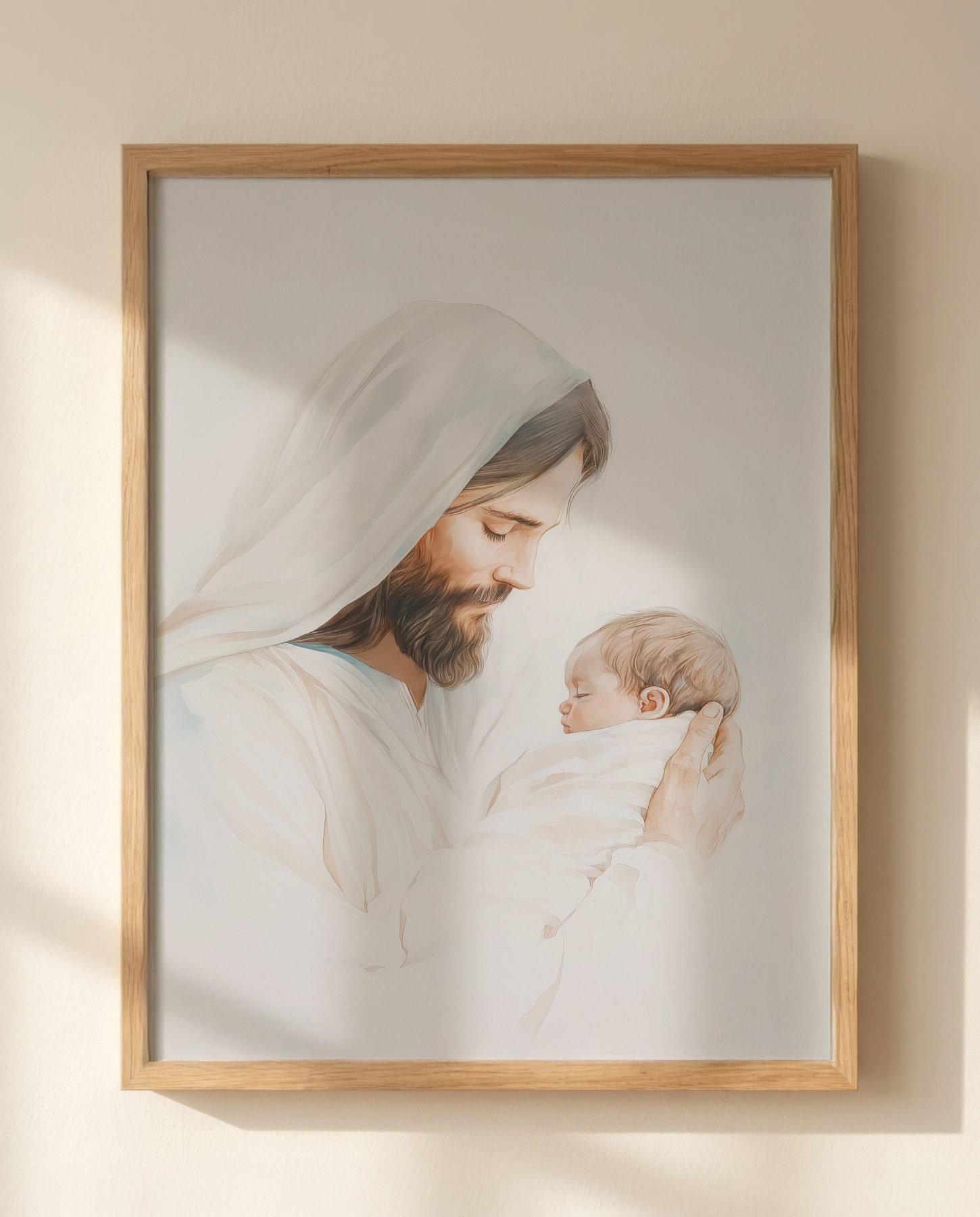 Jesus Holding a Resting Infant — Close-up wall mockup
