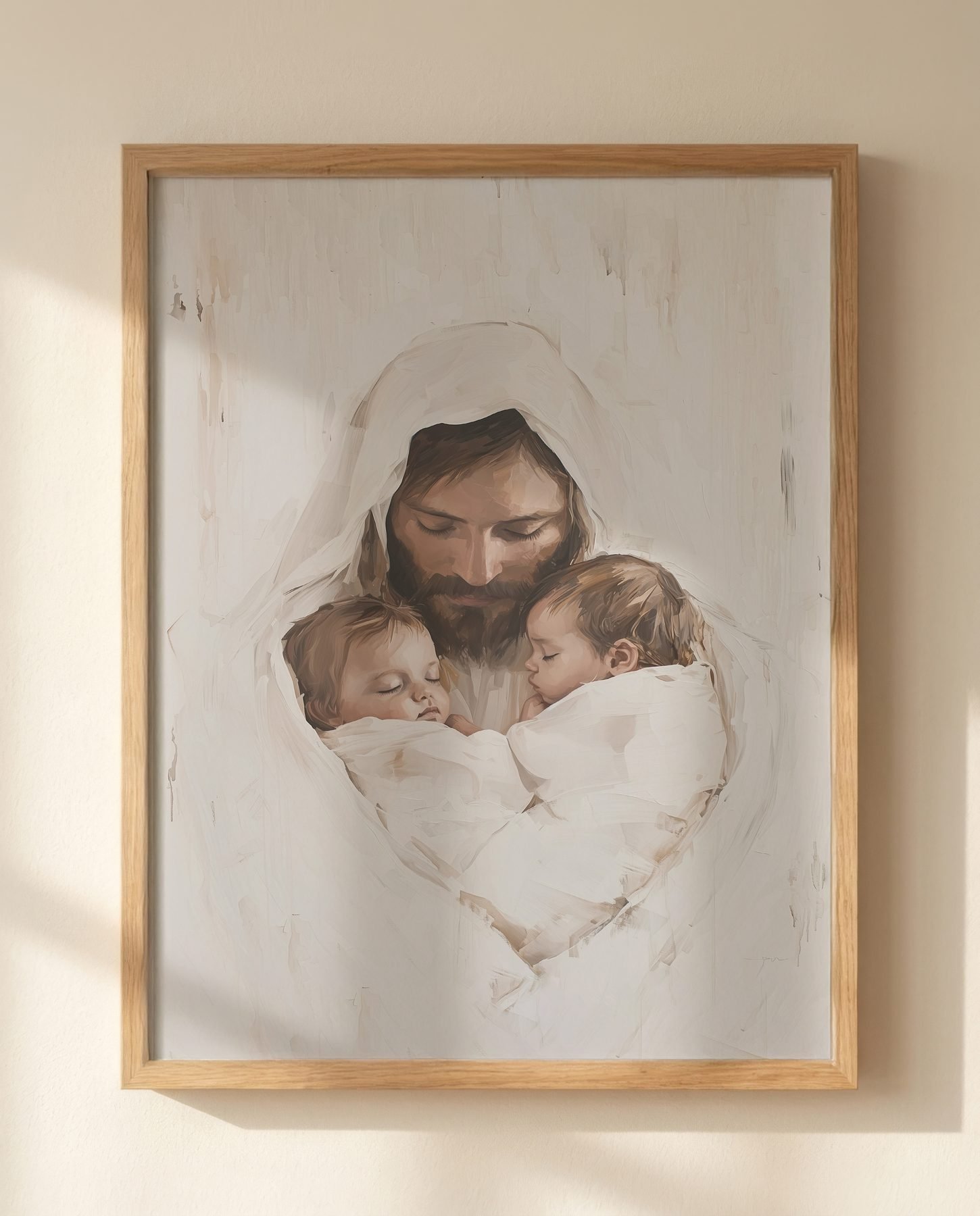 Jesus Holding Twin Babies in Soft Neutrals print