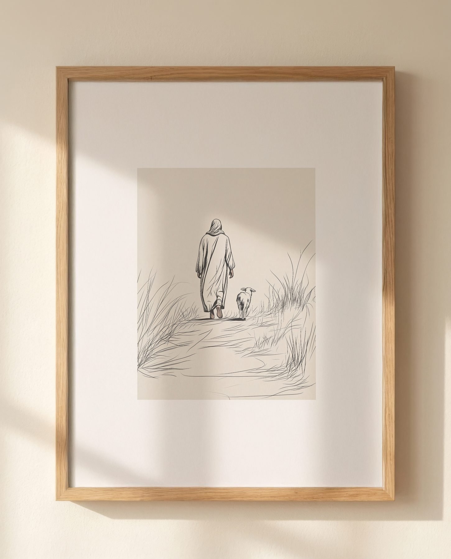 Jesus Walking with a Lamb in Line Art — Close-up wall mockup