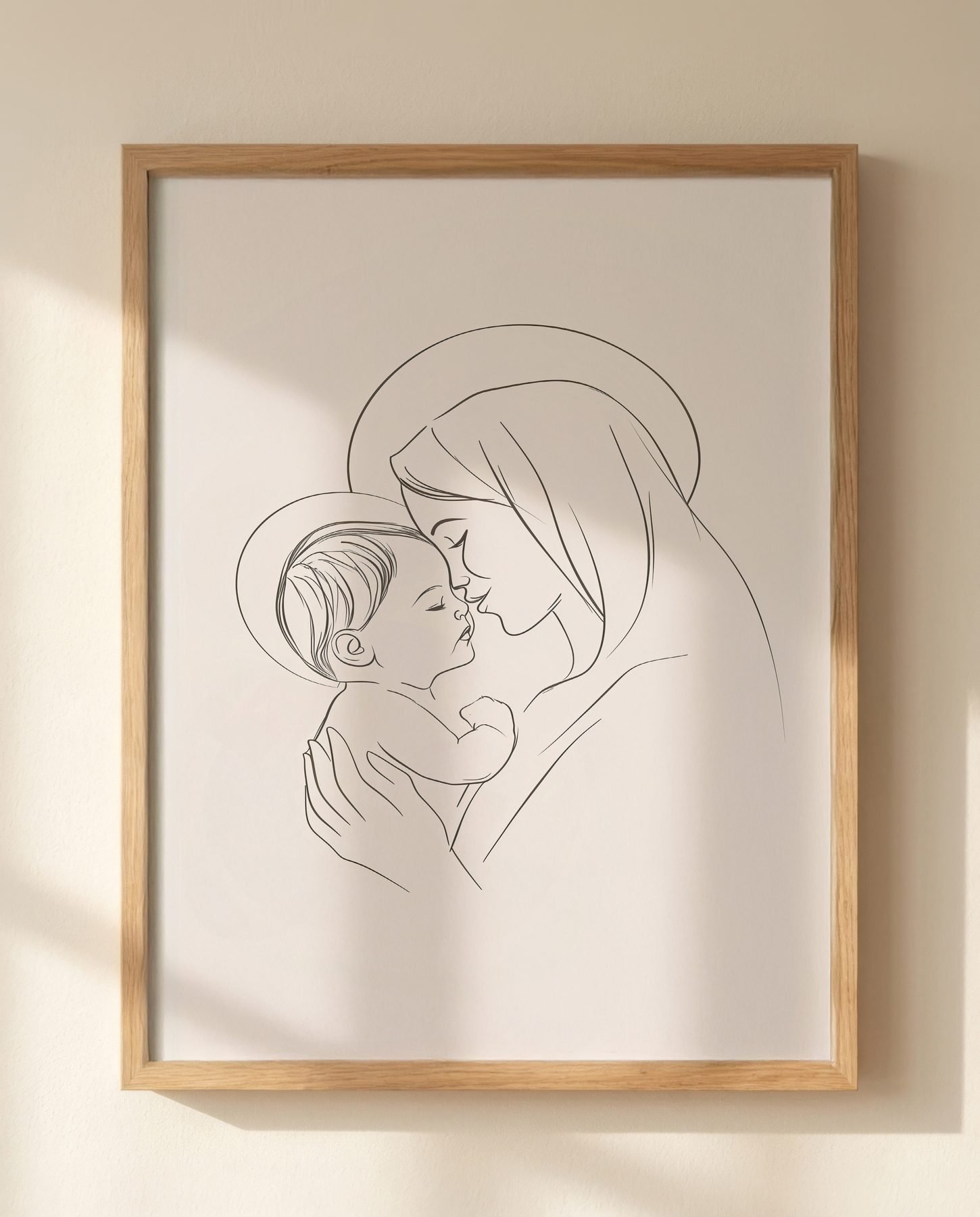 Mary Holding Baby Jesus in Line Art — Close-up wall mockup