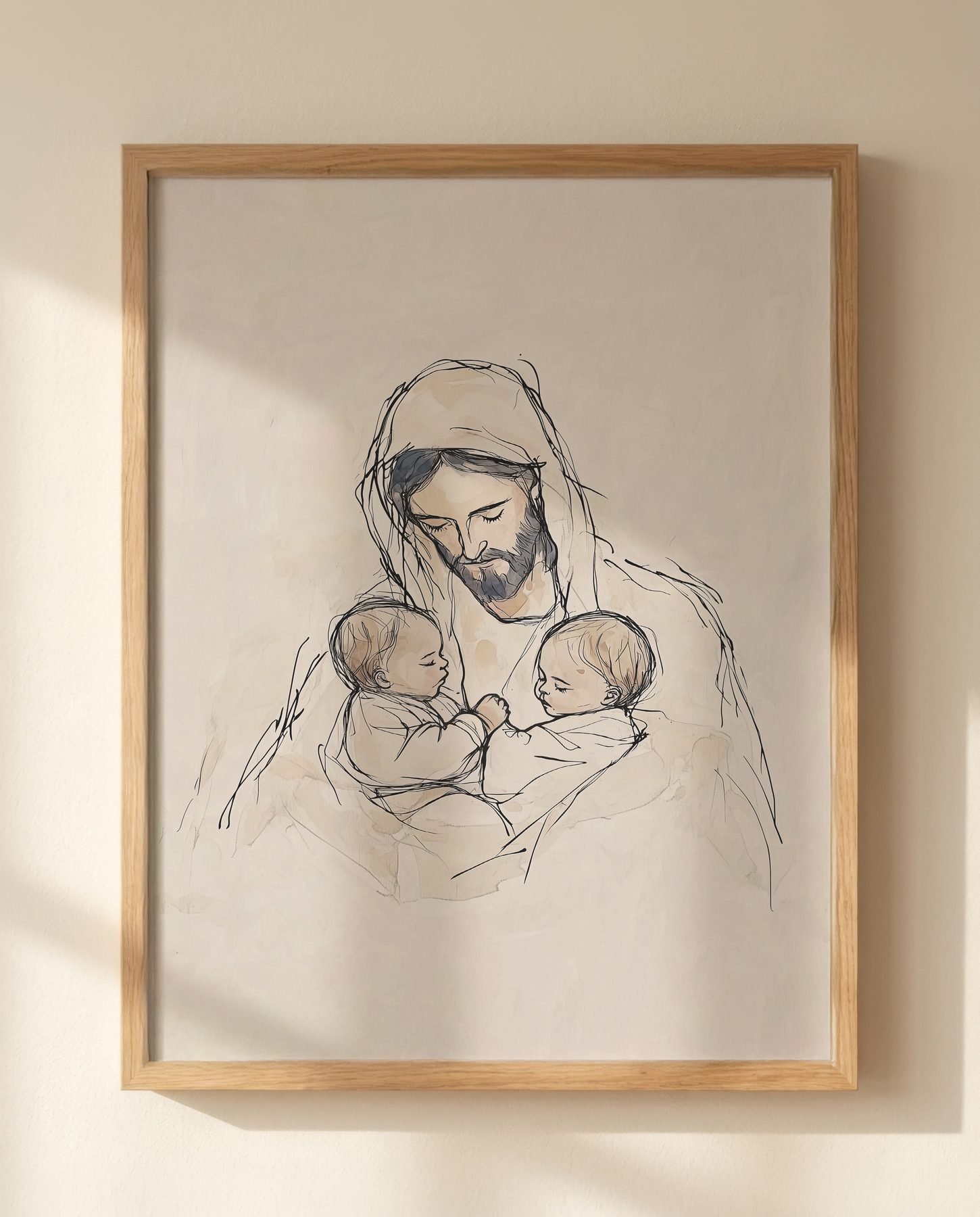 Jesus Holding Two Babies in Line Art print