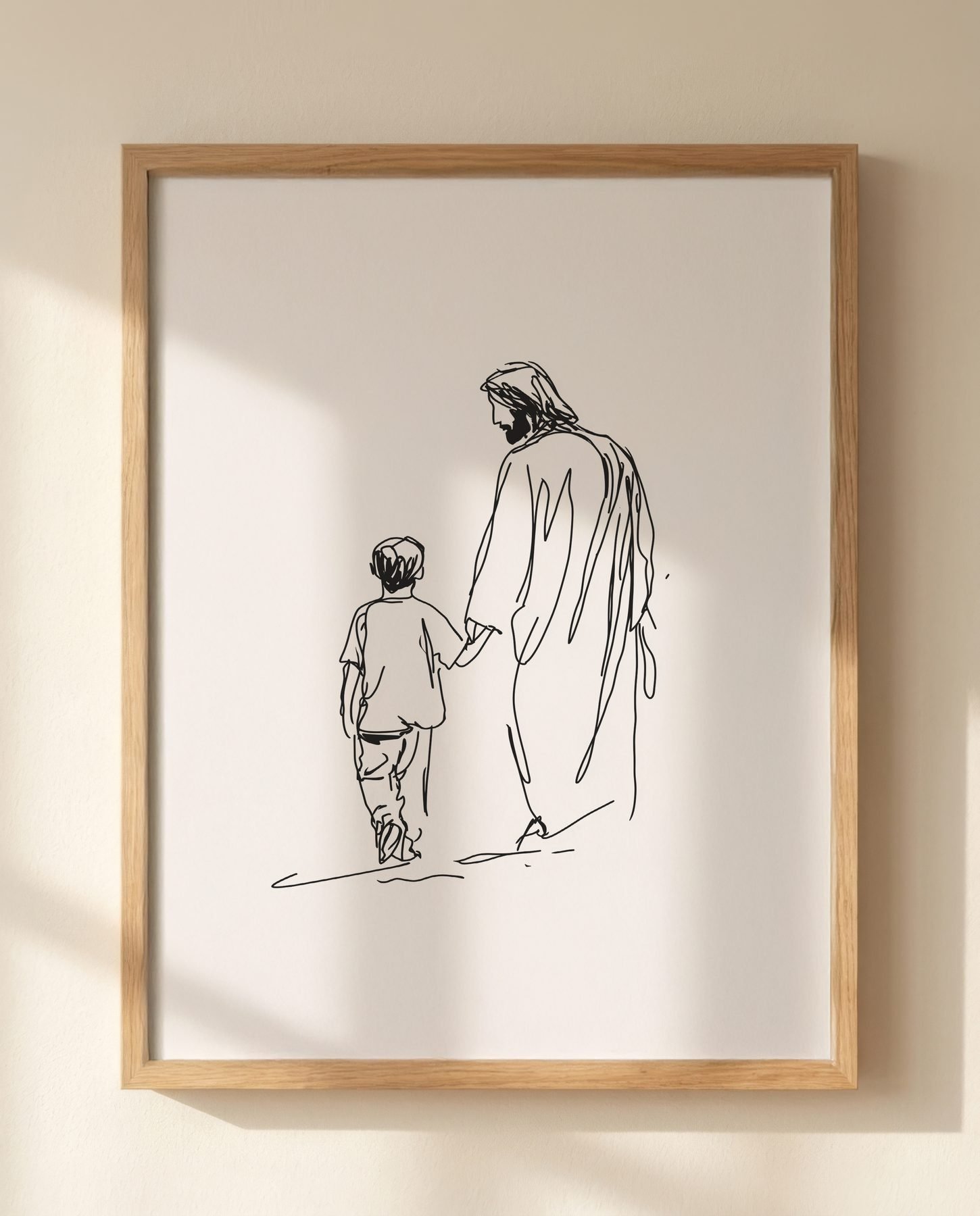 Jesus Walking with a Child in Line Art print