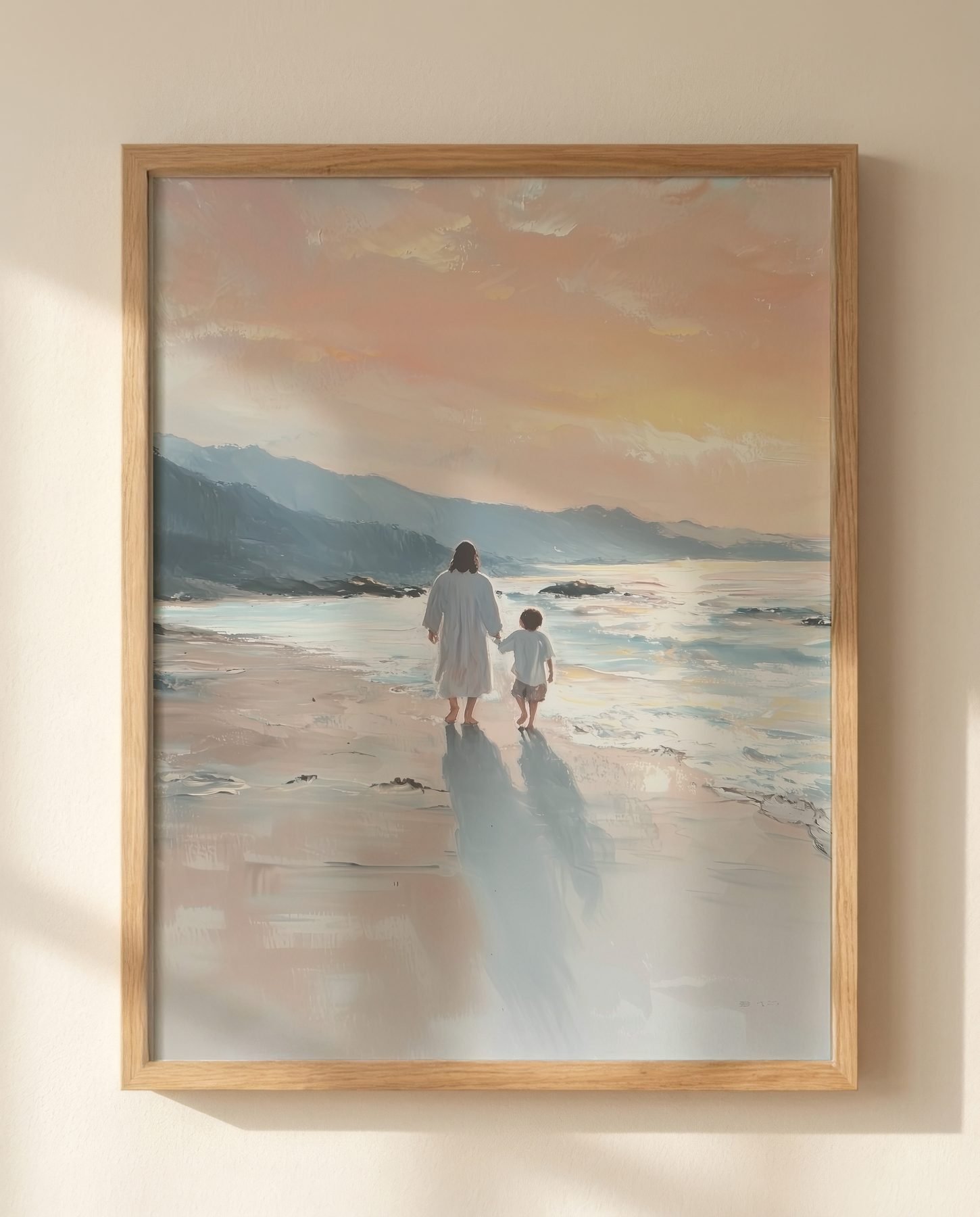 Jesus Walking with a Child by the Shore — Close-up wall mockup