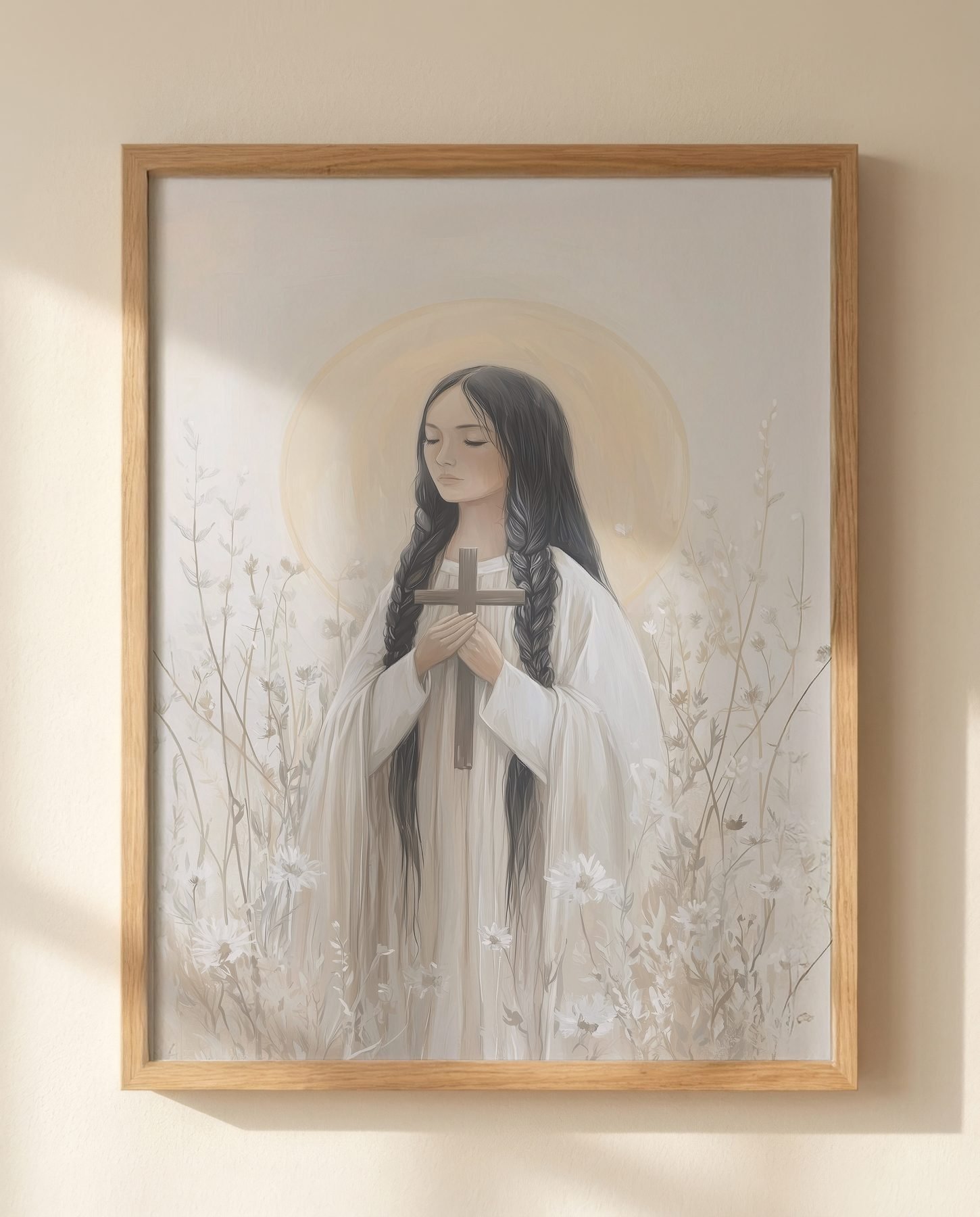 Saint Kateri Tekakwitha in Prayer — Close-up wall mockup
