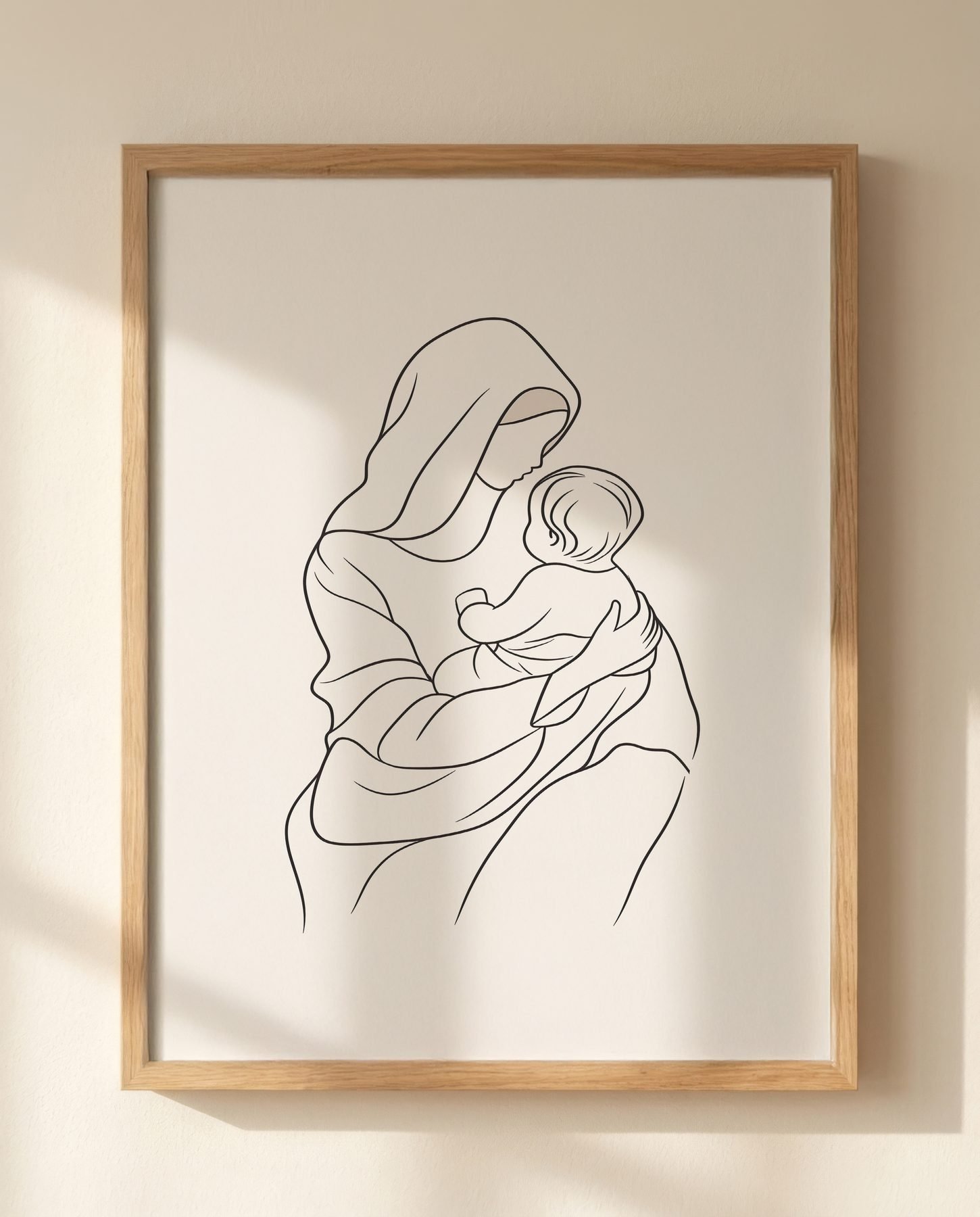 Madonna and Child in Minimal Line Art — Close-up wall mockup