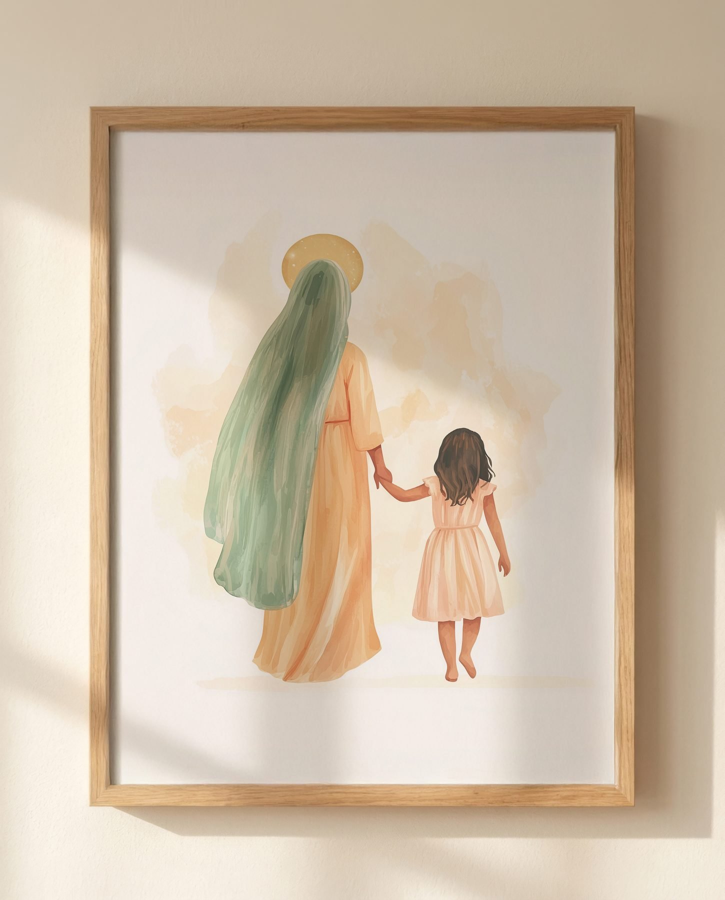 Mary Walking with a Child in Sage and Blush print