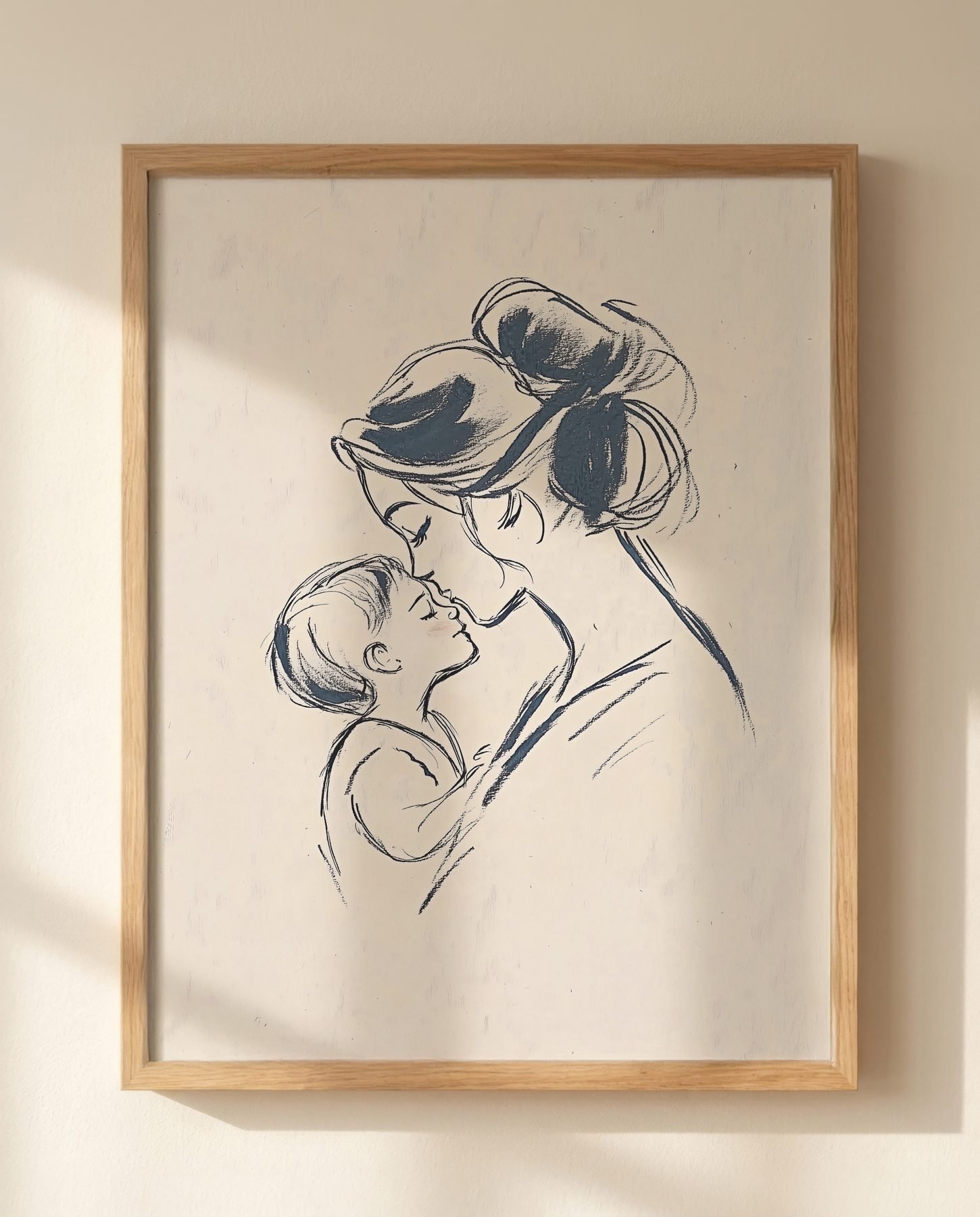 Mother and Child in Ink Line Art — Close-up wall mockup