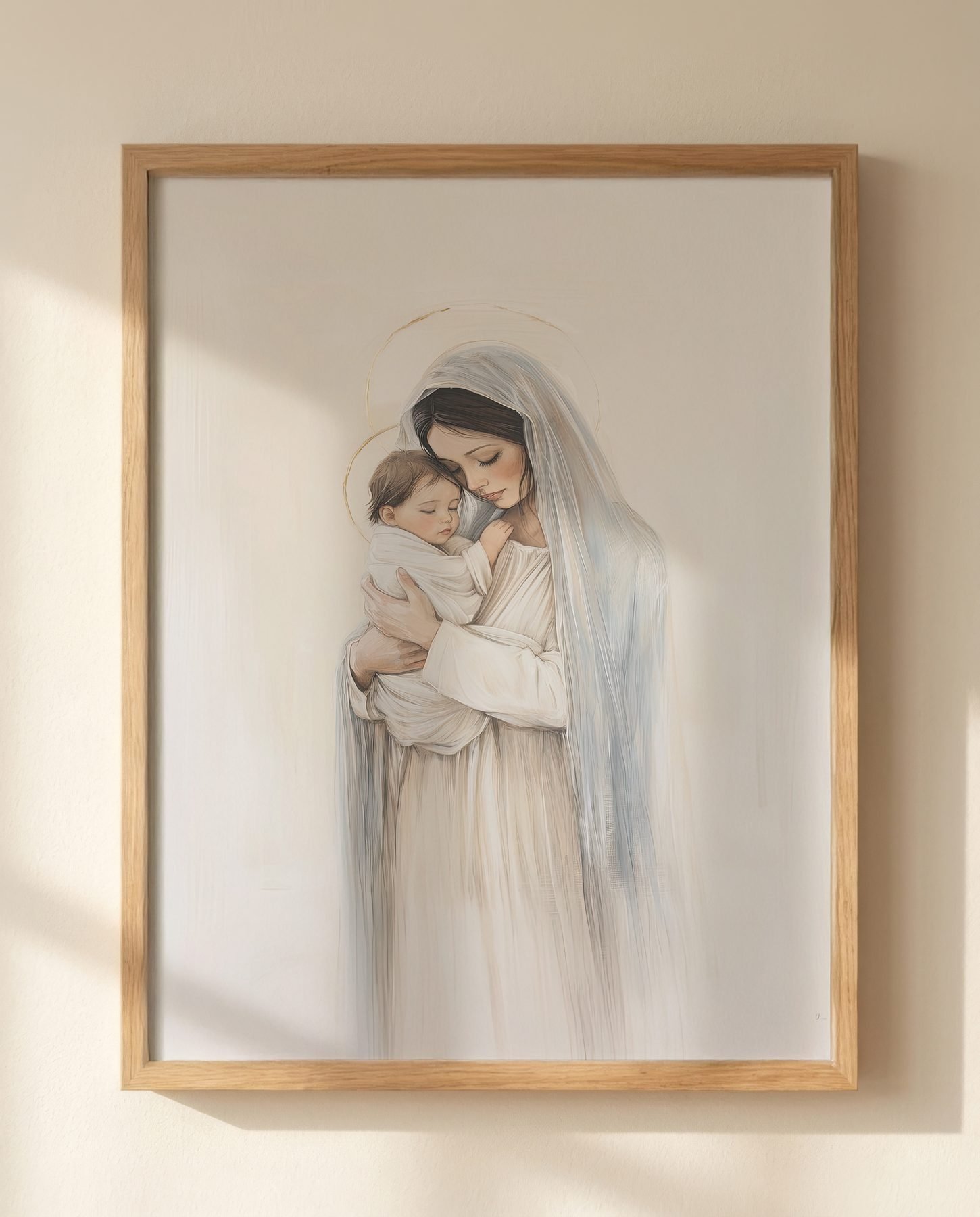 Madonna and Child in White Veil — Close-up wall mockup