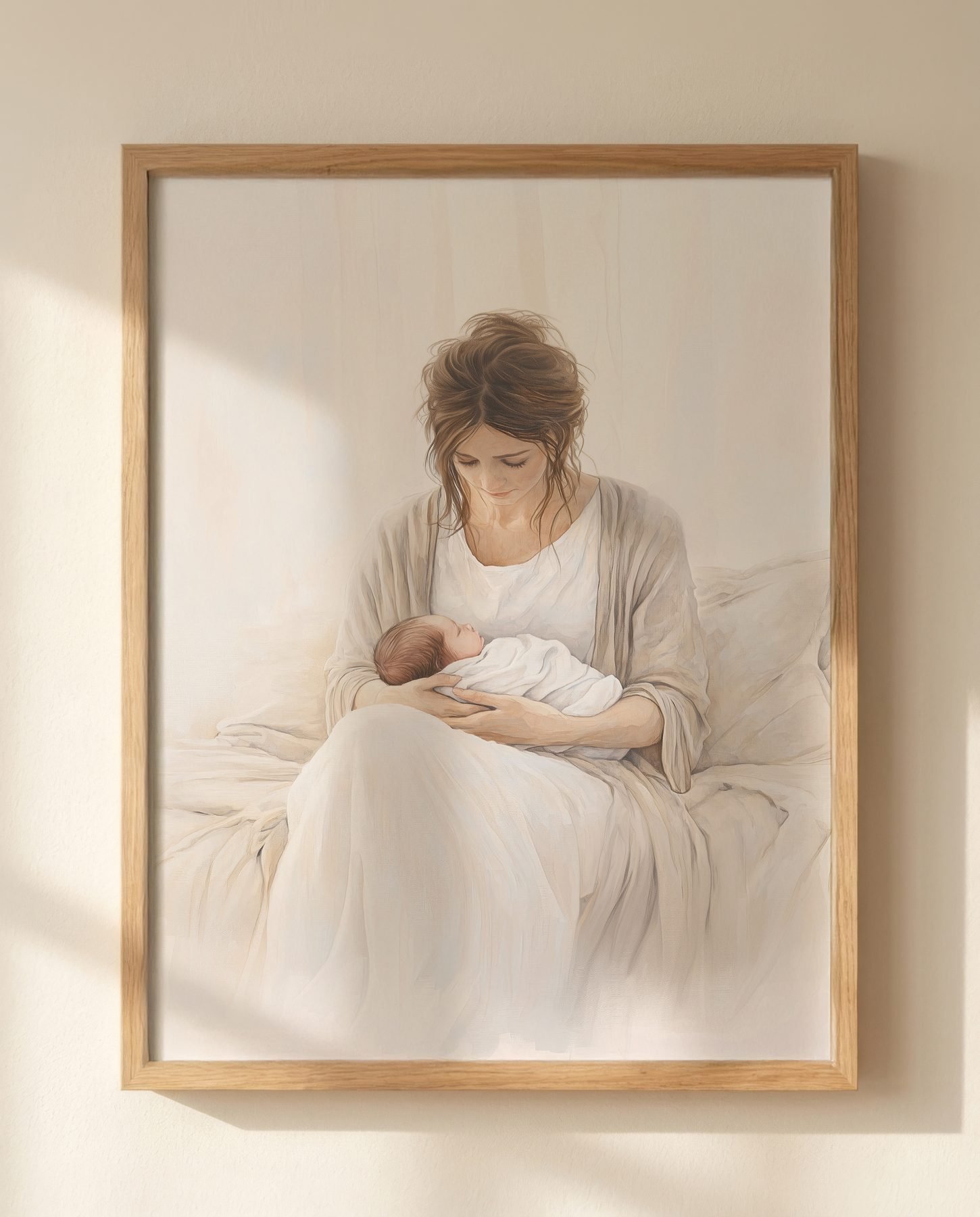 New Mother with Newborn in Soft Neutrals — Close-up wall mockup