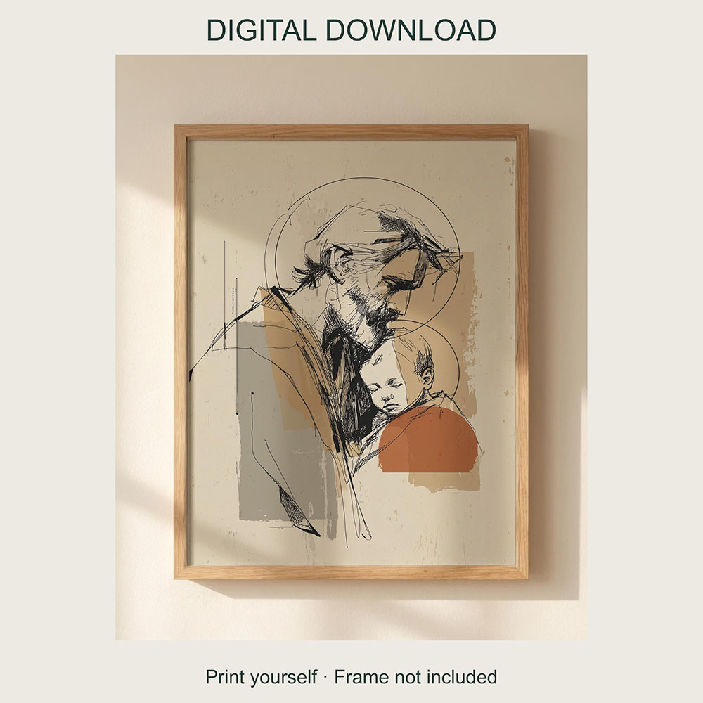 Digital Saint Joseph and baby Jesus artwork shown in a frame for inspiration. No physical item or frame included.